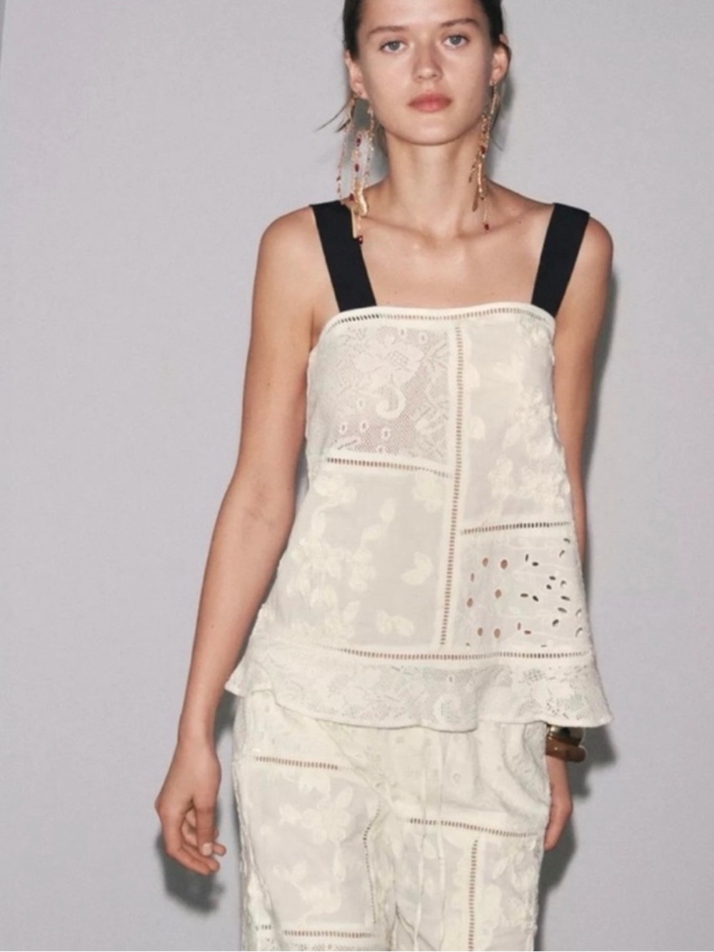 Zara Cream Lace Panel Tank Top with Black Straps